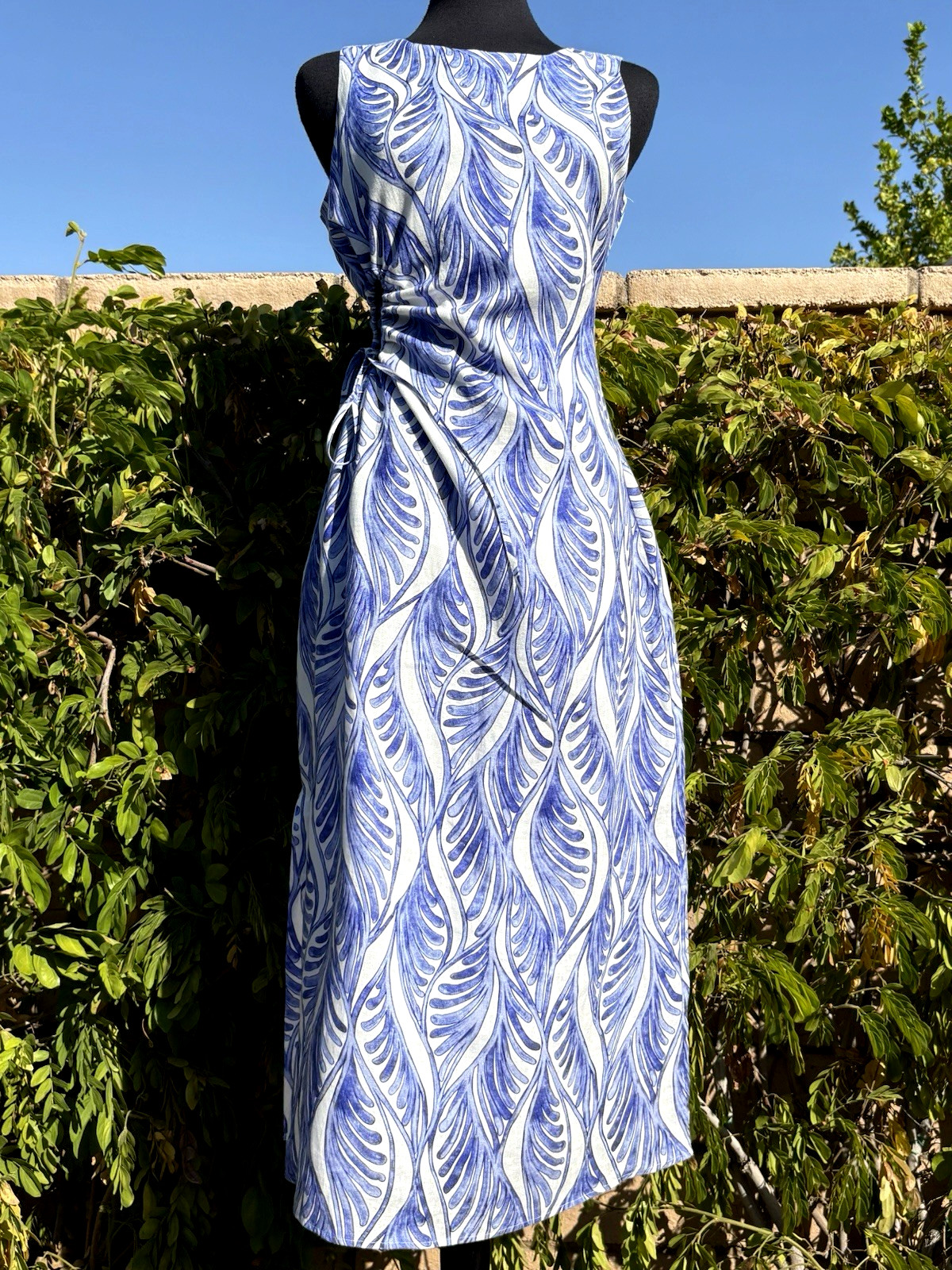 MAGASCHONI SZ 4 Wht/Blue Print Linen Ruched Side Cut-out circle Midi Dress-NWT