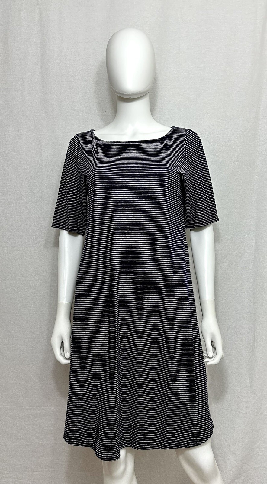 Eileen Fisher Salt Lake Dress S Hemp Blend Navy White Striped Short Sleeve