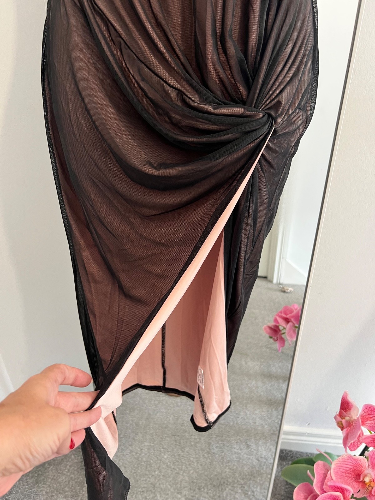 Goddiva Two-Tone Sheer Mesh Draped Midi Dress Brown Underlayer Black Overlay