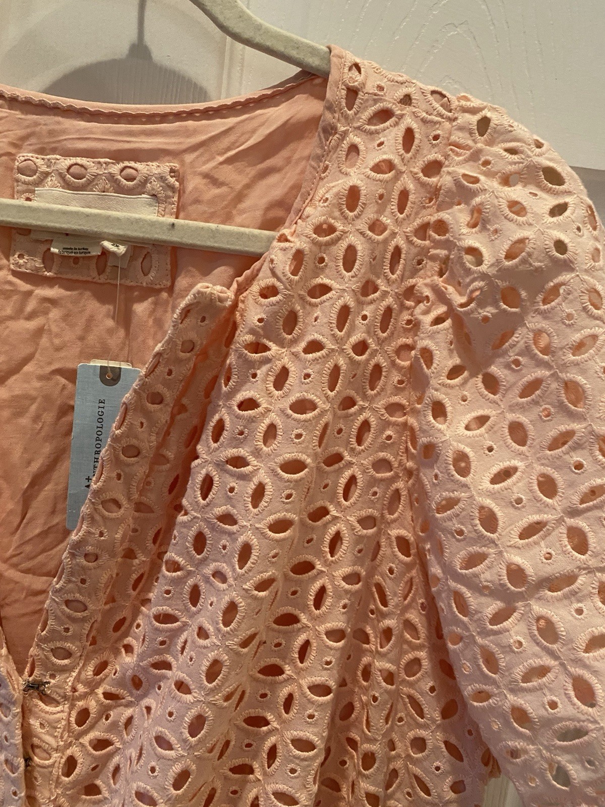 Anthropologie Somerset Pink/Peach Eyelet Fit & Flare V-Neck Puff Sleeve Dress 2X