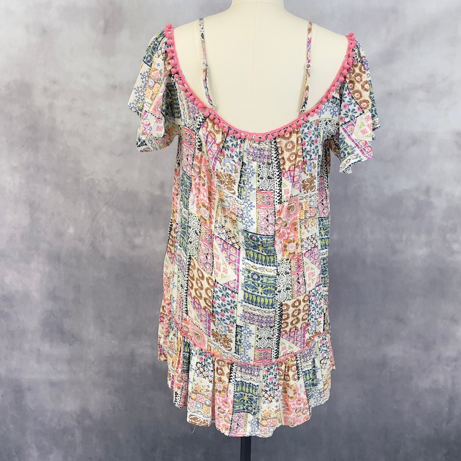Umgee Patchwork Cold Shoulder Tunic Mini Dress Women Small Flowy Boho Indie Pom