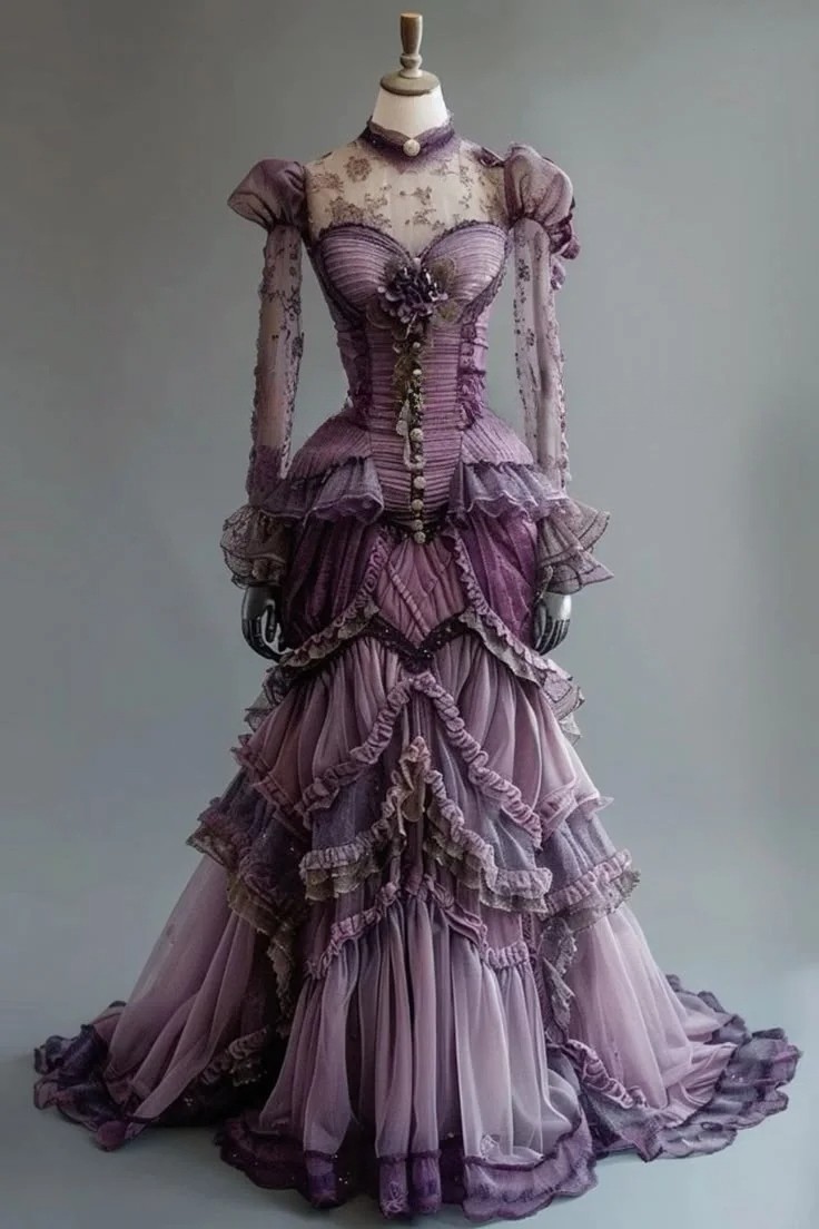 Lilac Victorian Puff Sleeve Lace Corset Ruffle Tiered Gothic Train Ball Gown