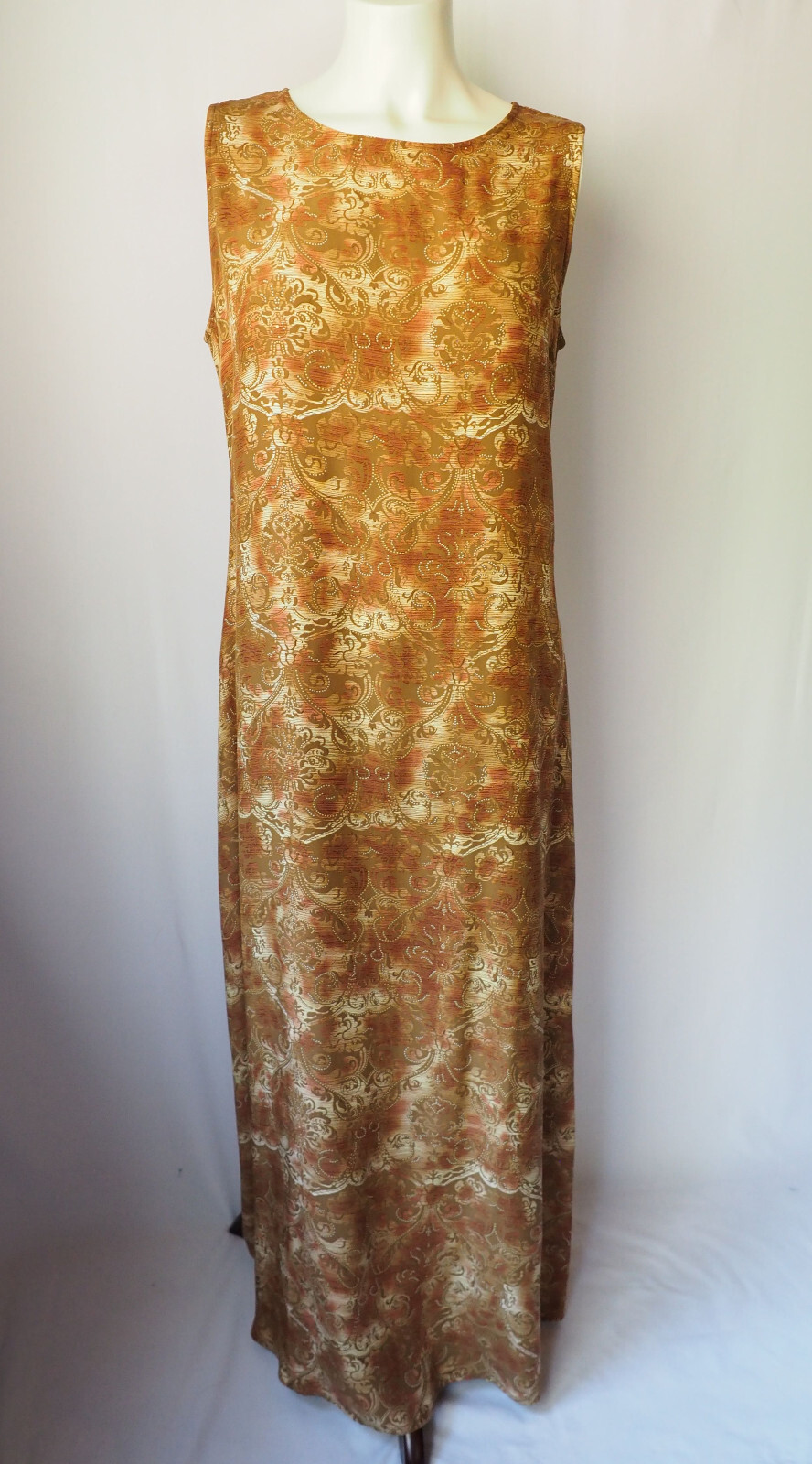 Ballinger Gold 100% Silk Sheath Maxi Dress Antique Brass Rust Scroll Print M