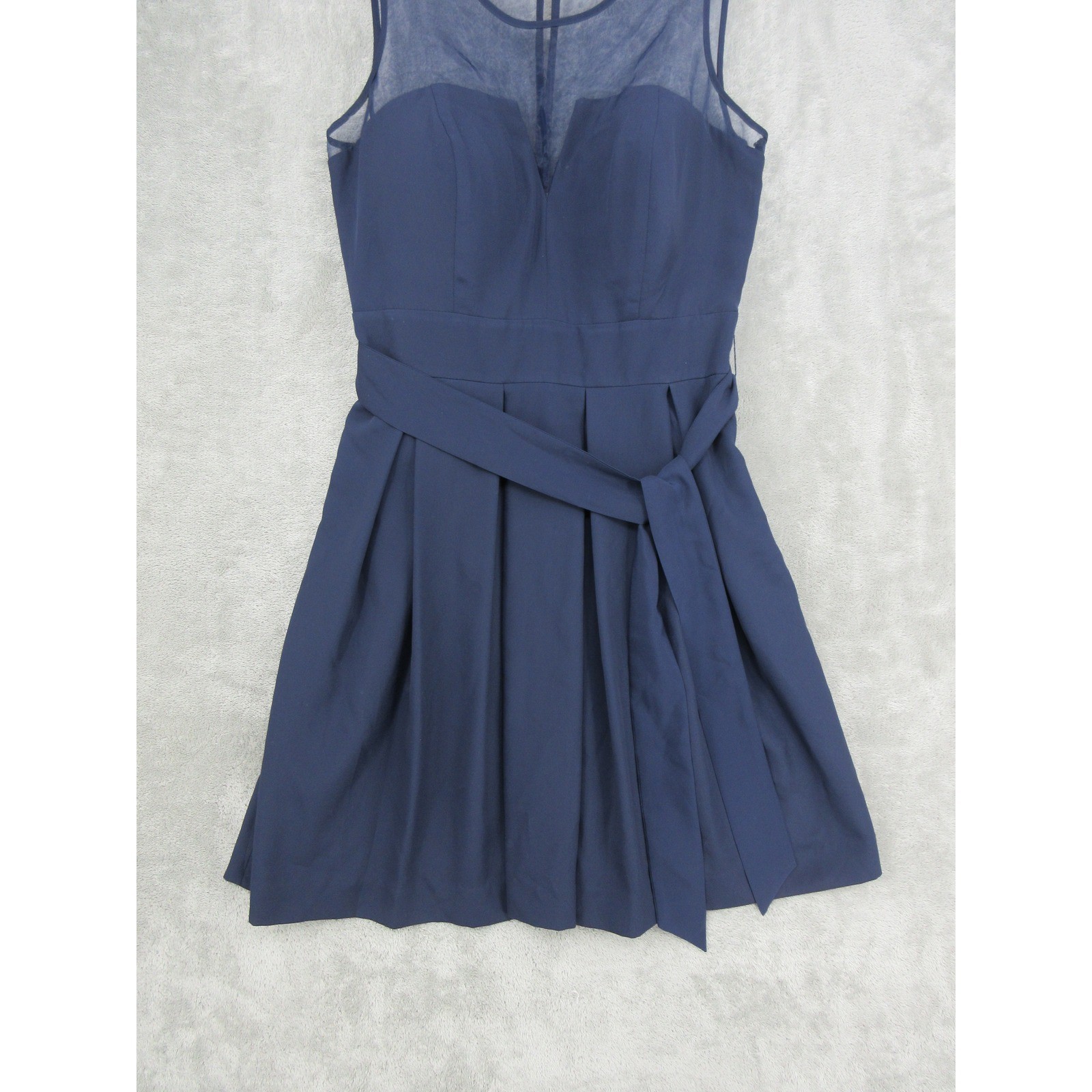 GUESS Dress Womens 2 Sheer Neckline Pleated Party Belted Navy Blue Event Zip