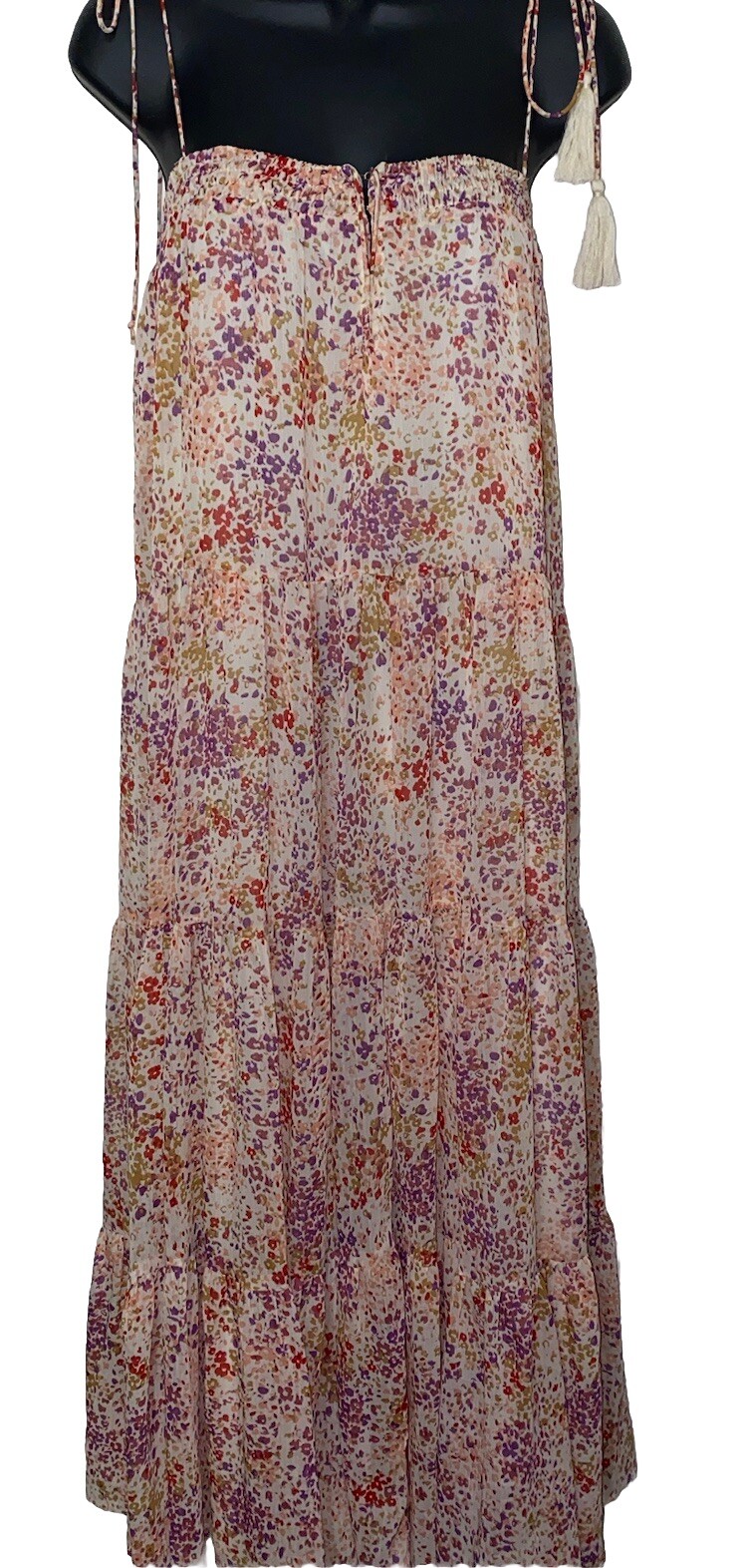 Storia Floral Long Tiered Dress Boho Tassels Tie Shoulder Small NEW