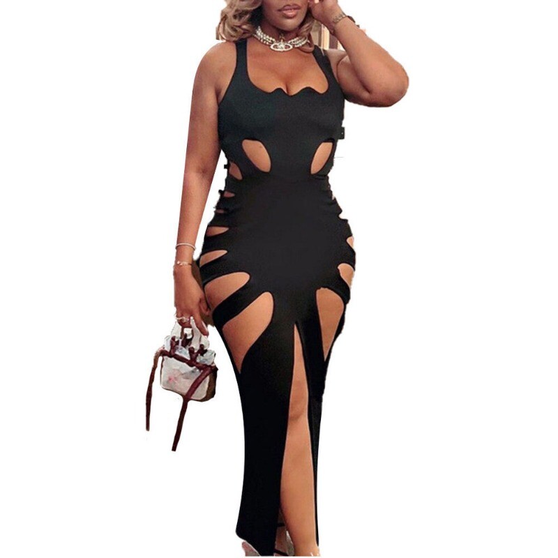 Plus Size Womens Sexy Hollow Out Low Cut High Waist Slit Bodycon Club Long Dress