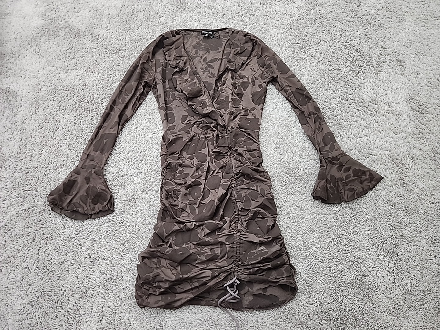 PrettyLittleThing Dress Womens 12 Sheer Floral Mesh Ruched Bell See Through