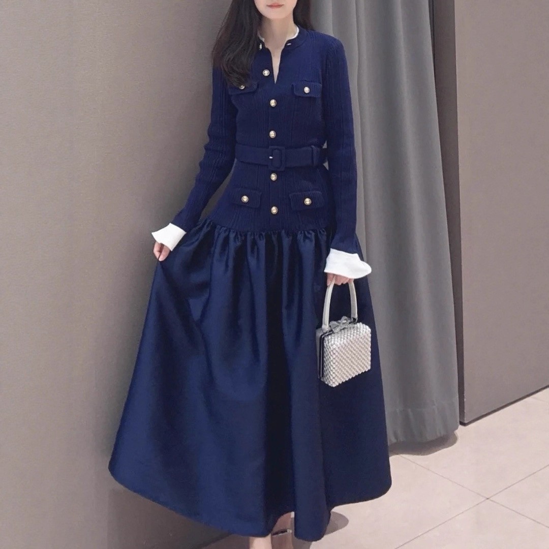 Self-Portrait Womens Autumn Winter New Temperament Knitted Satin Dress