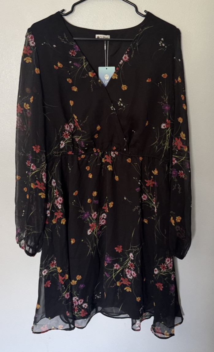 CUPSHE Women’s XL Black Multi Color Floral V-Neck Chiffon Dress Balloon Sleeves