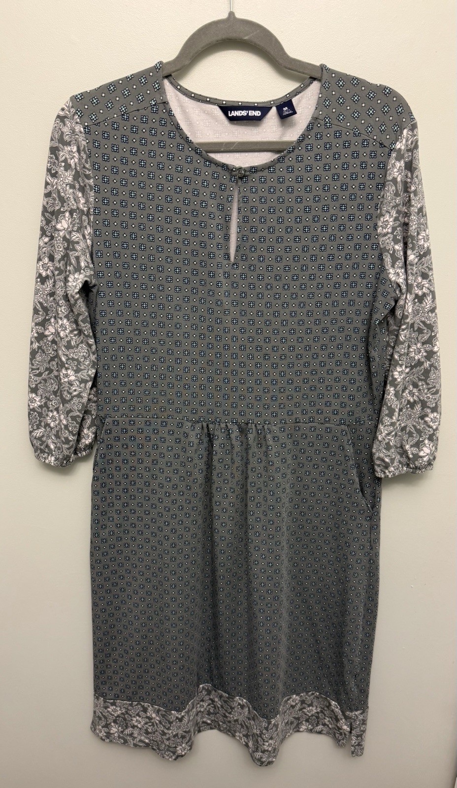 Lands’ End Floral Midi Women’s Dress Size Medium Green Cotton Stretch 3/4 Sleeve