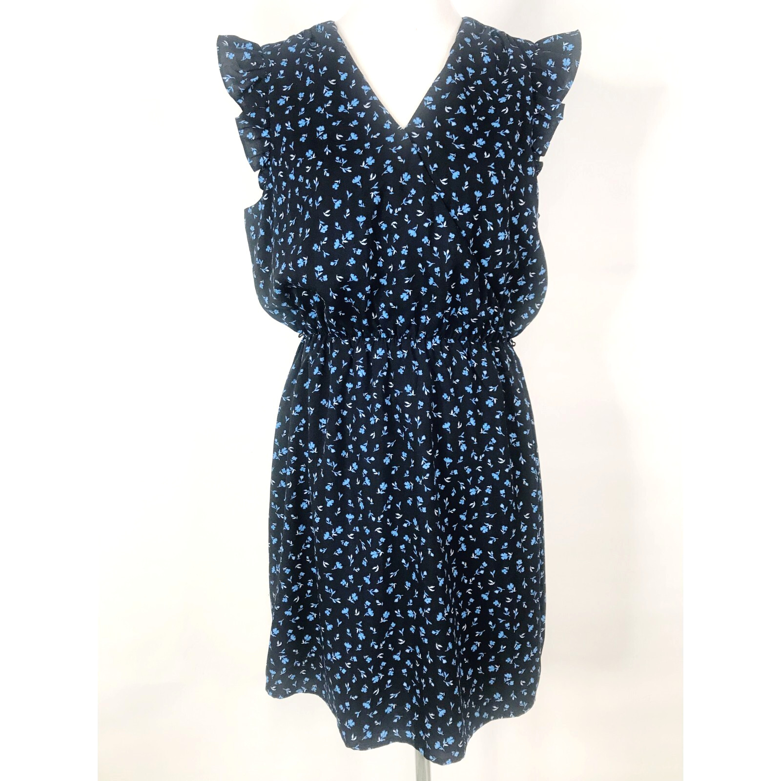 41 Hawthorn Dress Womens Large Blue Floral Flutter Sleeve Wrap Style Cottagecore