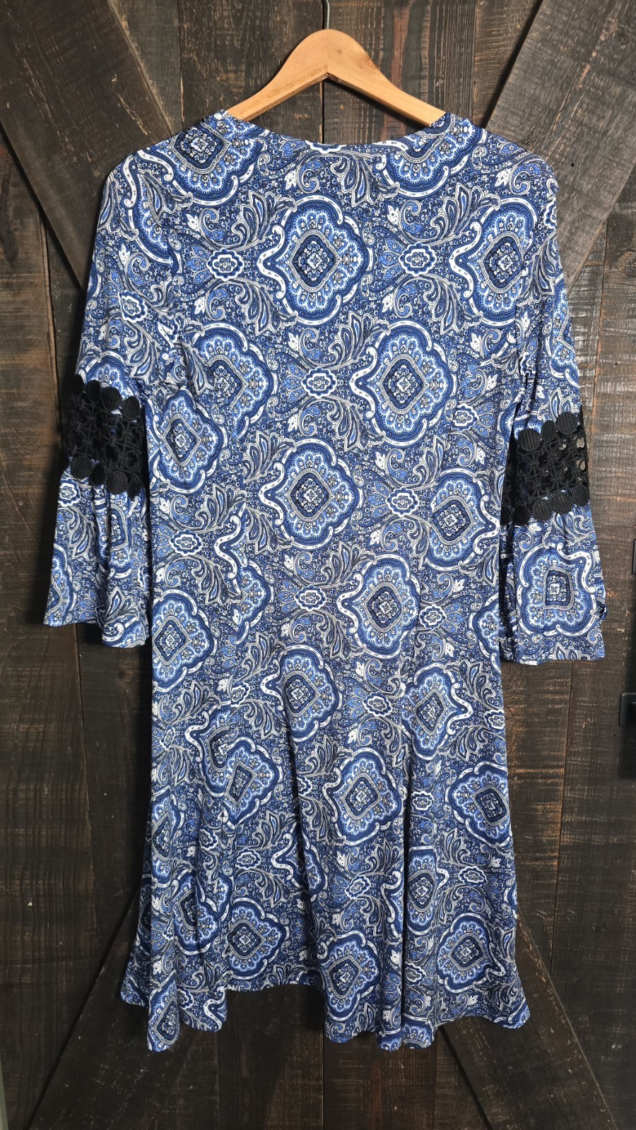 NY Collection BLUE/WHITE/BLACK Dress FLARED Crochet 3/4 Sleeve Sz Small