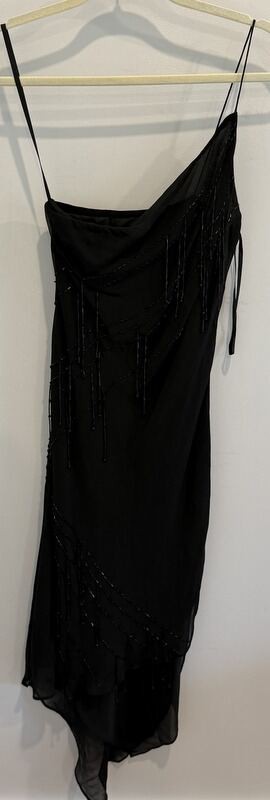 Express Vtg 100% Silk Asymmetrical Black Bead One Shoulder Dress Whimsigoth 5/6
