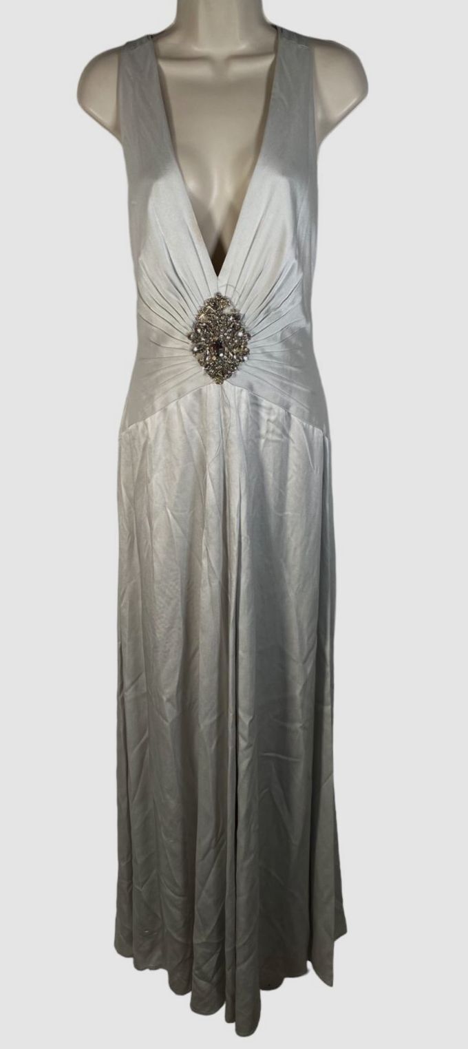 $1400 Jenny Packham Women’s Gray Embellished Wrapped Satin Gown Dress Size 8