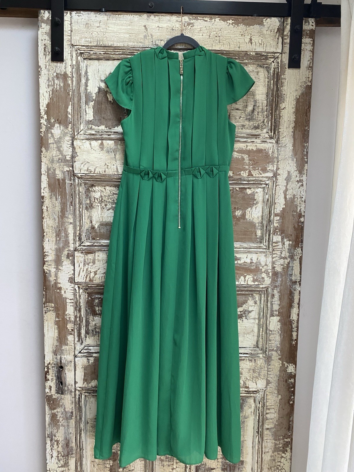 Ted Baker Emerald Green Pleated Maxi Dress W/Cap Sleeve, Size 2
