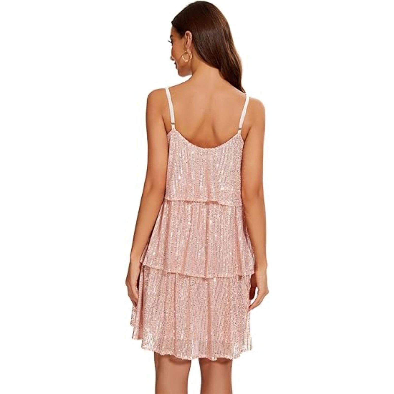 Sequin Adjustable Spaghetti Strap V Neck Layered Dress, SMALL, 5J-172D003