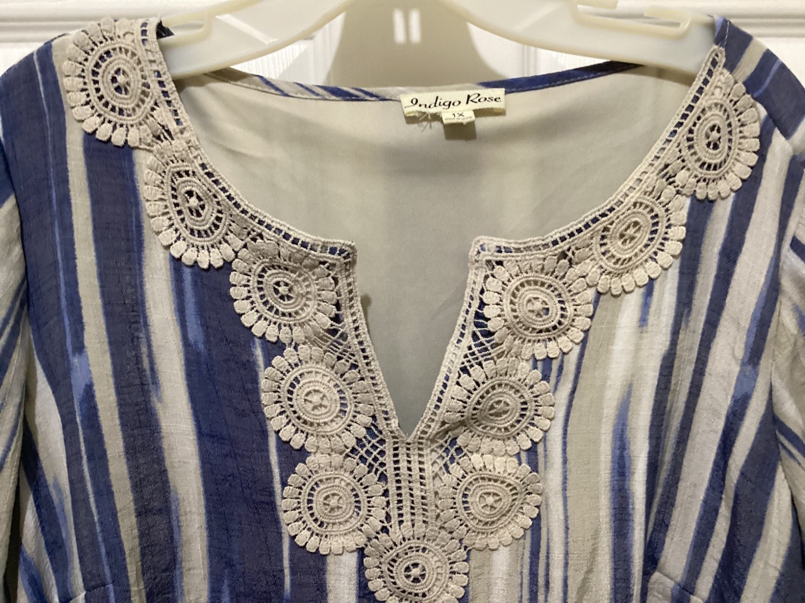Indigo Rose Boho Peasant Crochet Trim Bell Sleeve Dress Plus Size 1X~NWT