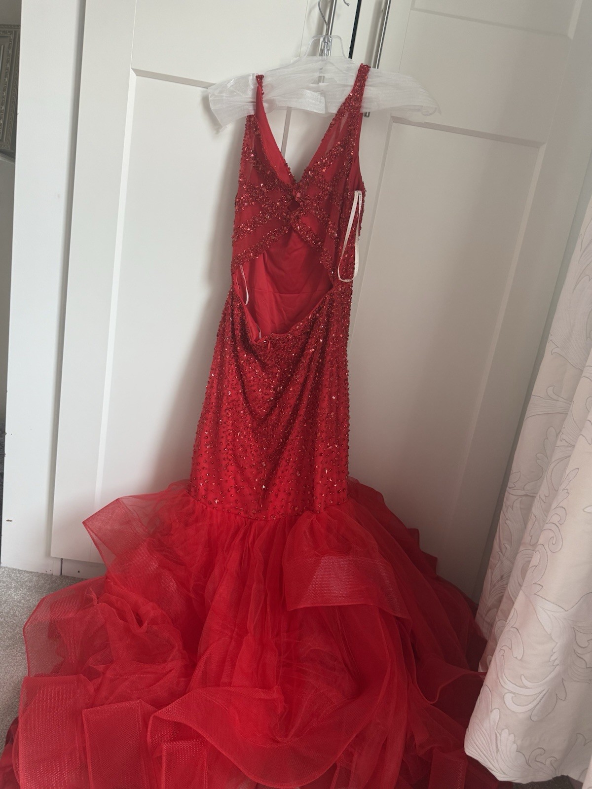 Red Sequin Fishtail Train Ballgown Prom Maxi Dress, Size XS