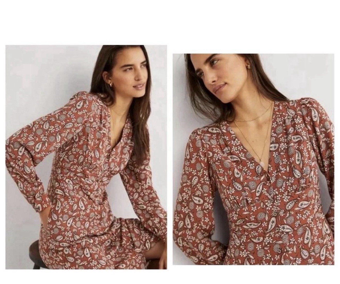 Boden 8R Red Paisley V-Neck Long Sleeve Fit & Flare Midi Dress Regular