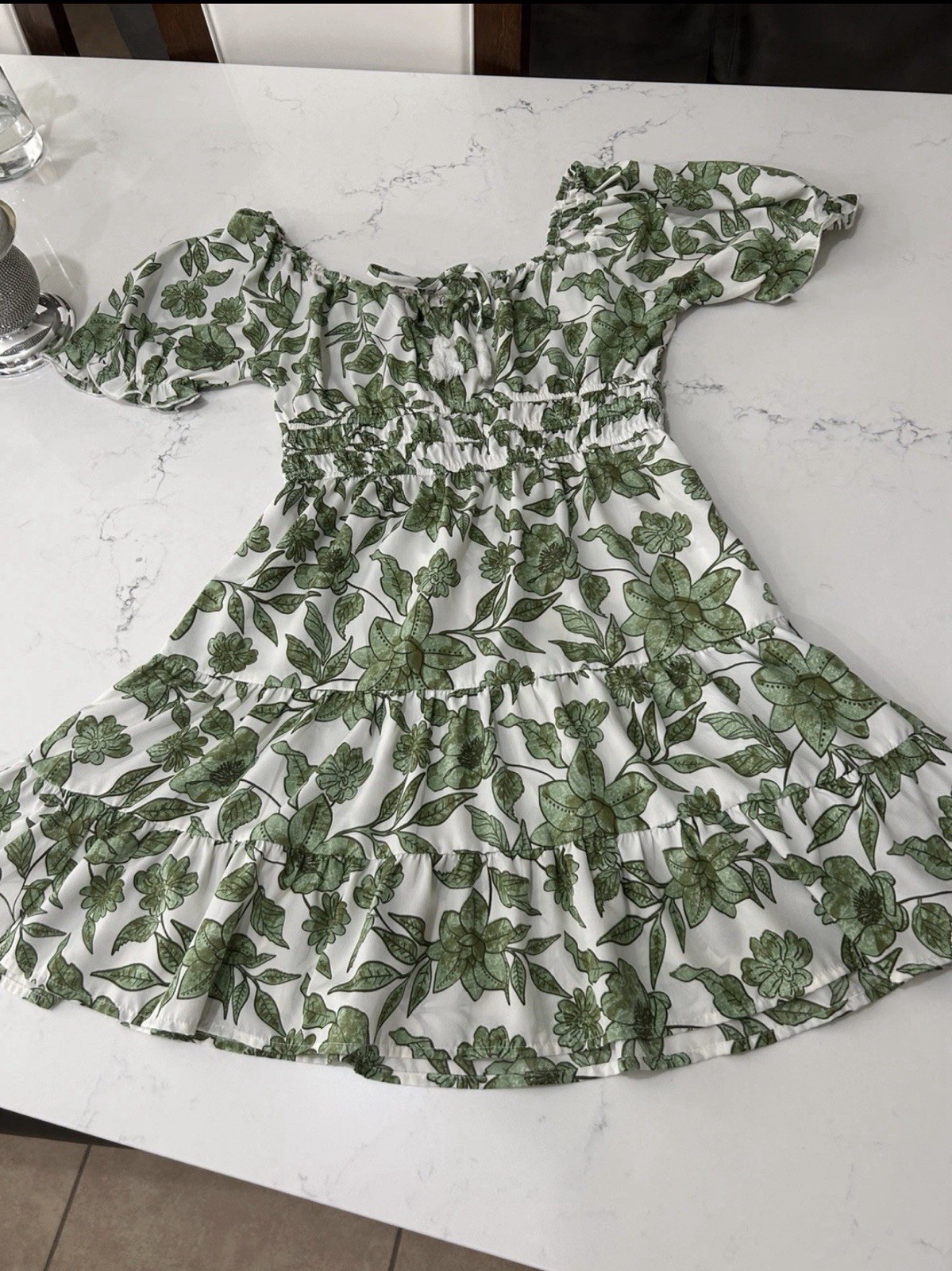 Hint of Blush Floral Mini Dress Large Green White Cottagecore Smocked Tiered L