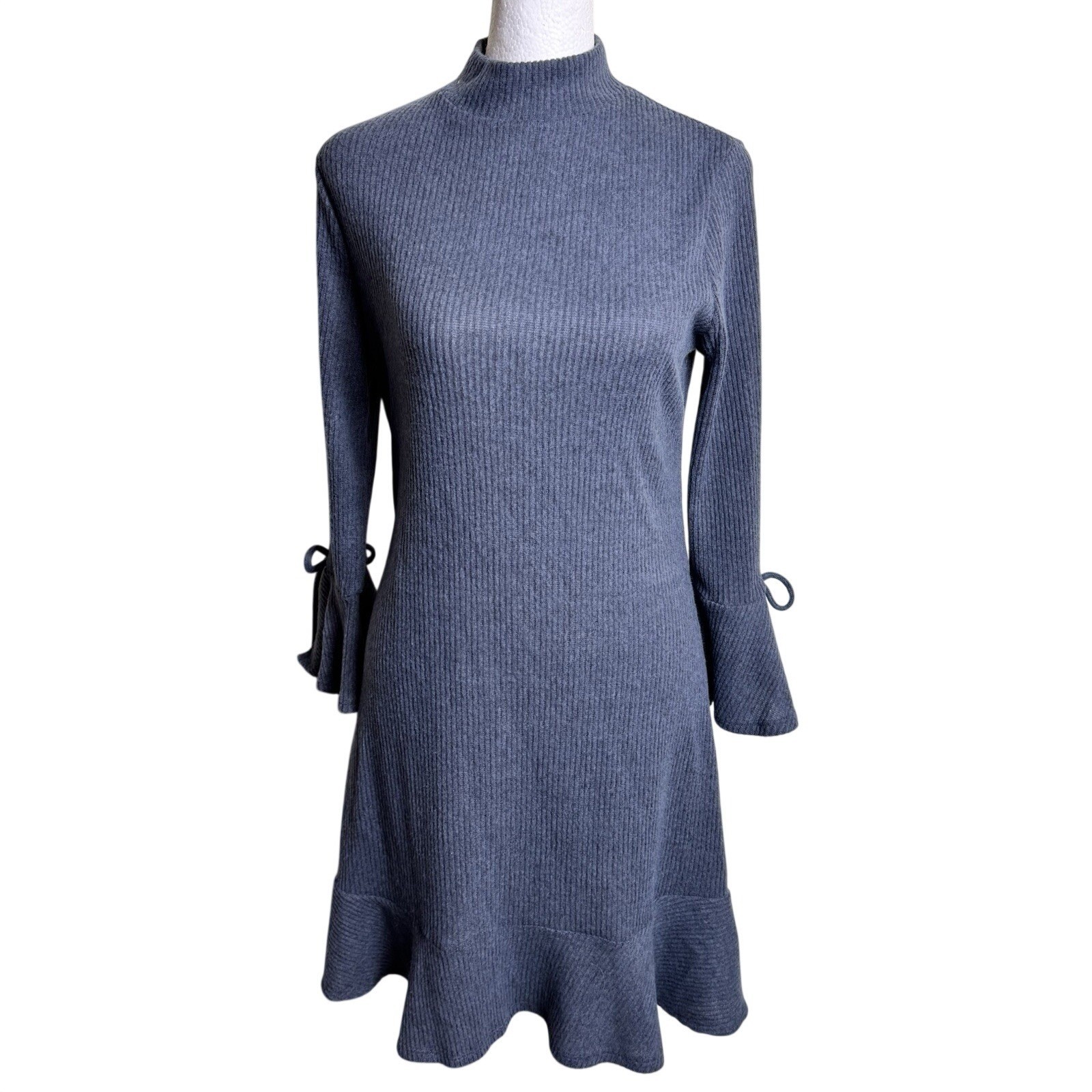 LC Lauren Conrad Mock Neck Swing Dress S Grey Ribbed Flare Cuff Mini NWT