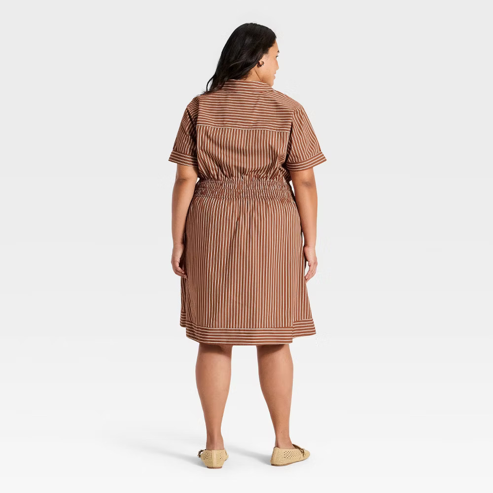 Women Plus Waist Tie Button Up Collared Mini Shirt Summer Dress –