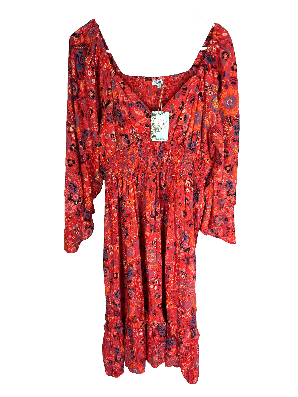 NOSTALGIA Dress Size XL Pink Red Smocked Boho Cottage Country Ditzy Boho Y2K NEW