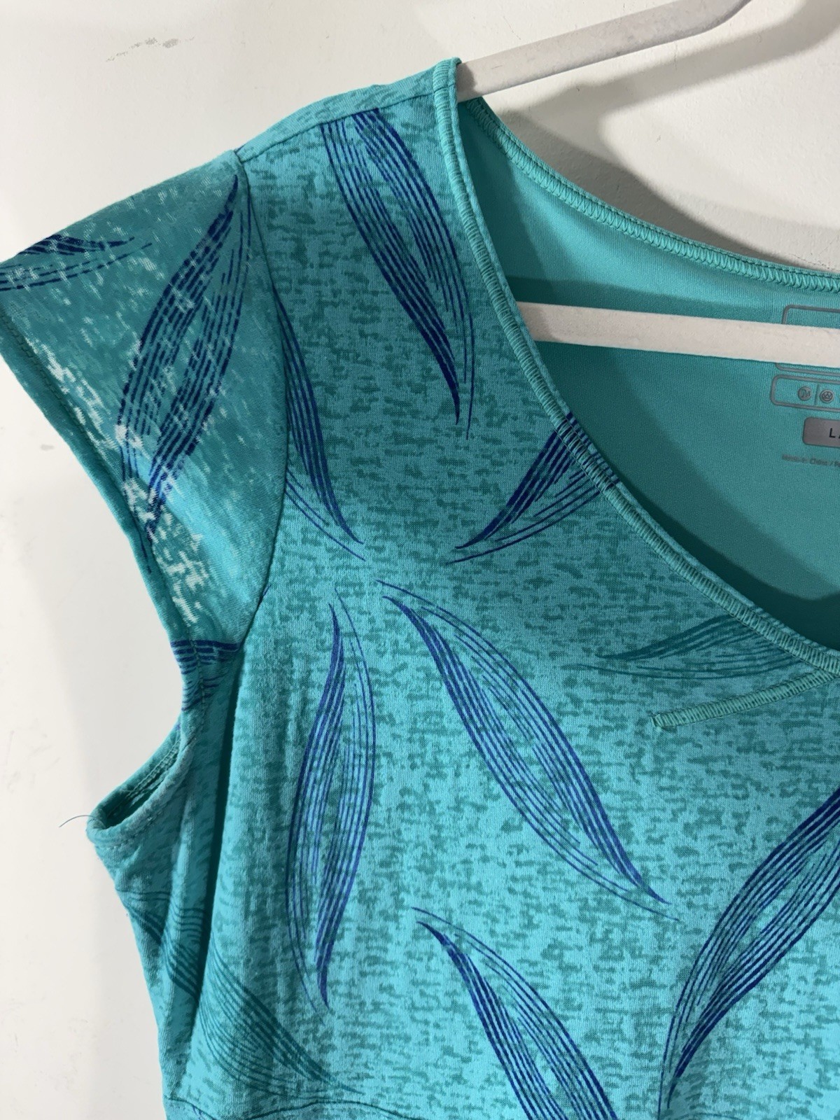 Merrell Teal Blue Leaf Print Opti-Wick Cap Sleeve V-Neck Dress Sz Large Hiking