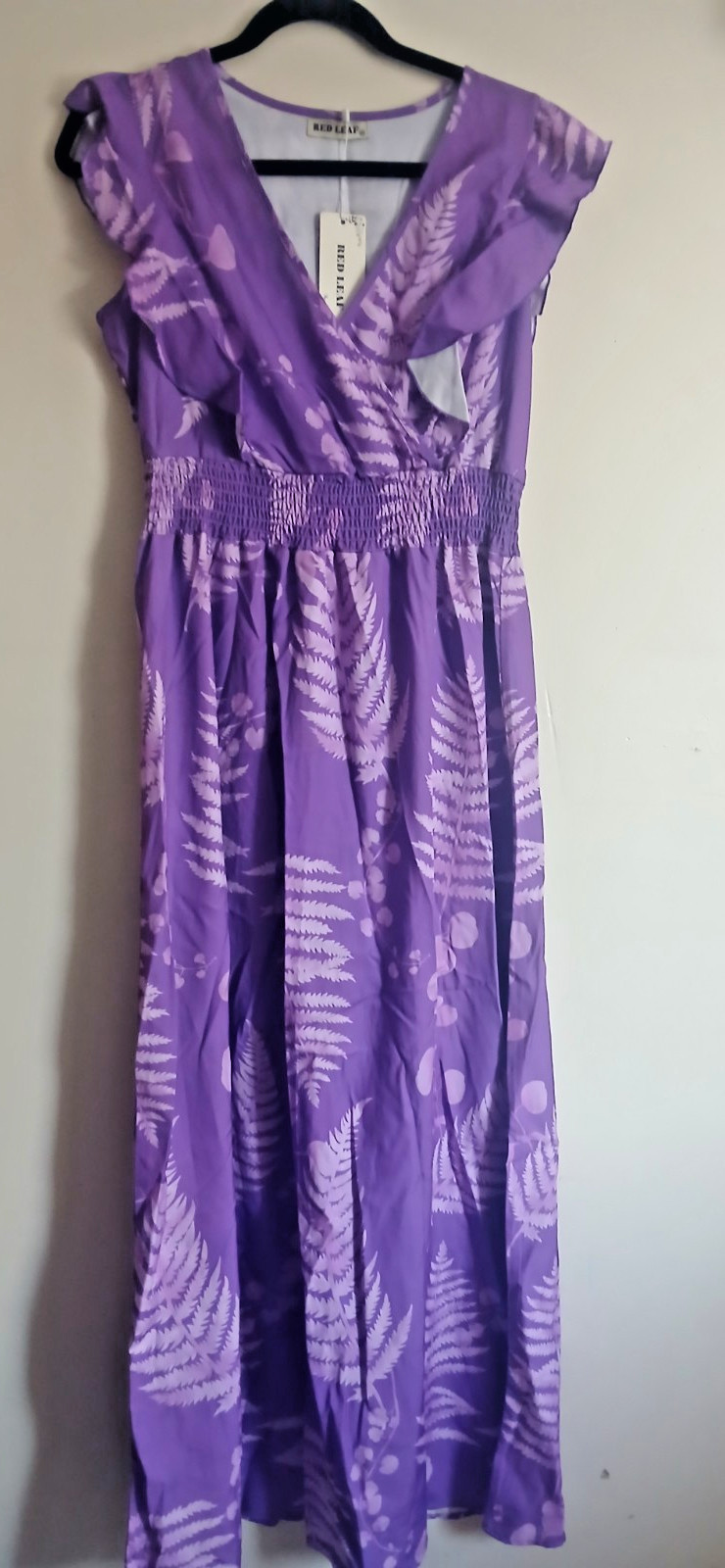 Red Leaf Women’s Purple Floral Smocked V-Neck Ruffle Sleeve Chiffon Maxi M