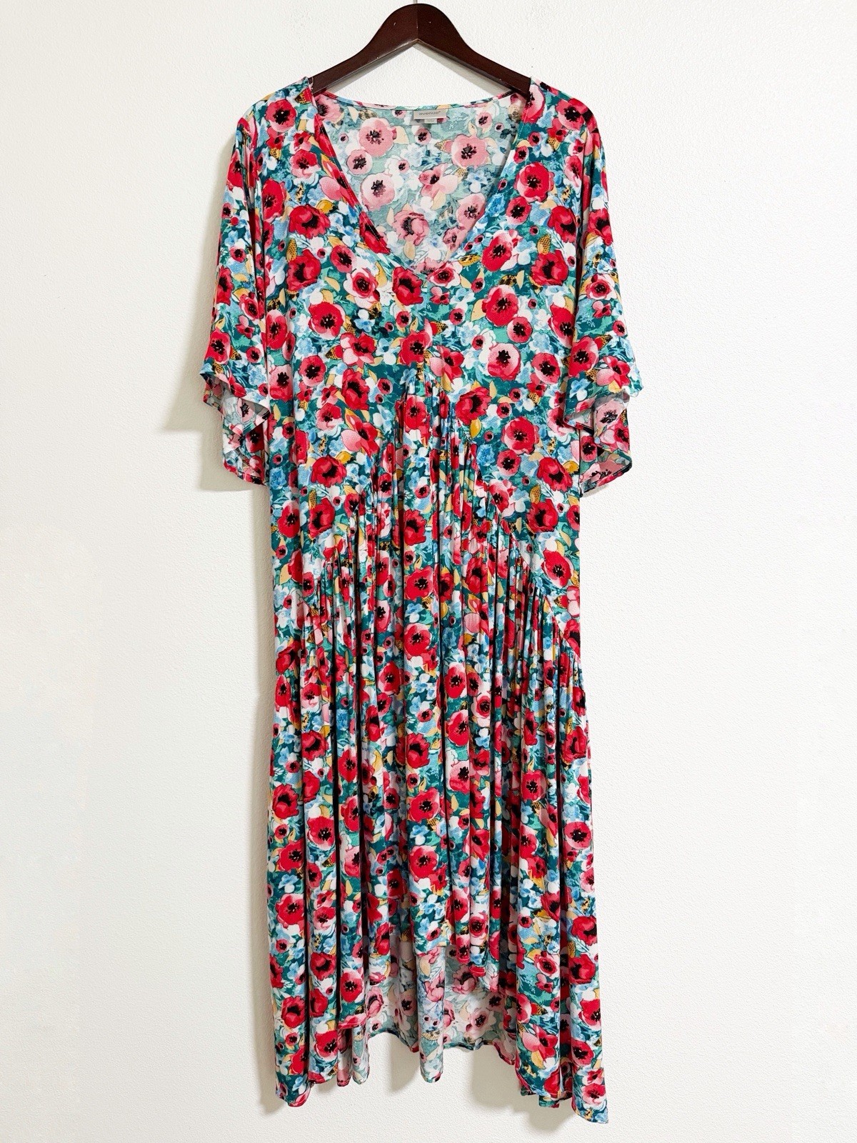 Avenue Poppy Floral Flutter Roll Tab Sleeve High Low Midi Dress Size 18/20