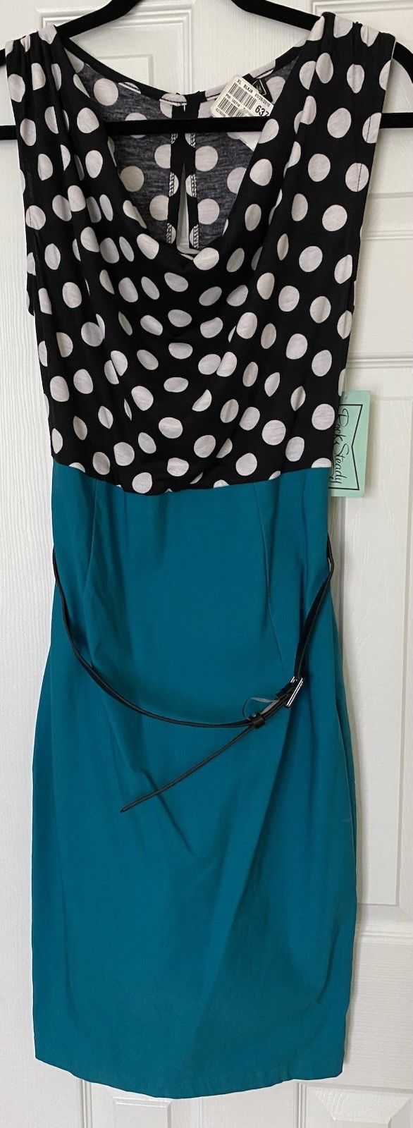 Rock Steady Clothing Retro Pinup Polka Dot Teal Wiggle Dress w/ Belt NWT XL