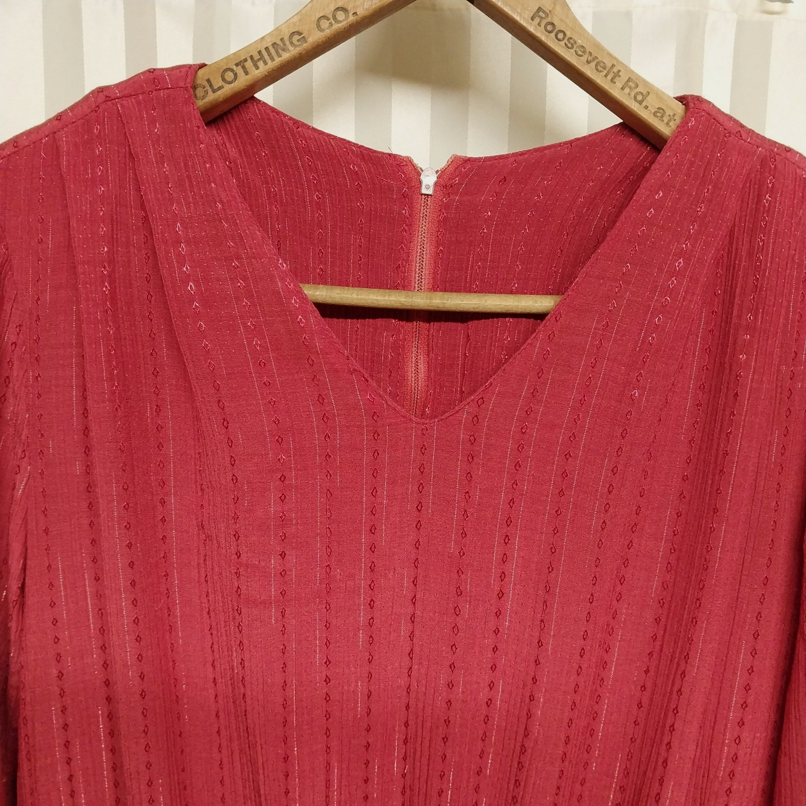 Vintage 1980s Red Plum Stripe Embroidered Midi Secretary Dress V Neck Size Small