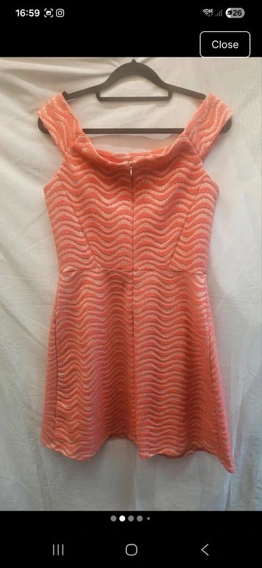 Warehouse UK Size 10 Coral and White Jacquard Occasion Dress with Skater Skirt