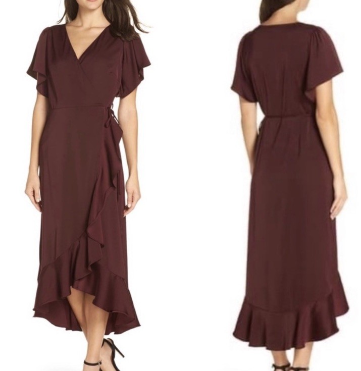 Chelsea 28 Ruffled Wrap Midi Dress Sz L Burgundy Hi-Low Flutter Sleeve Party