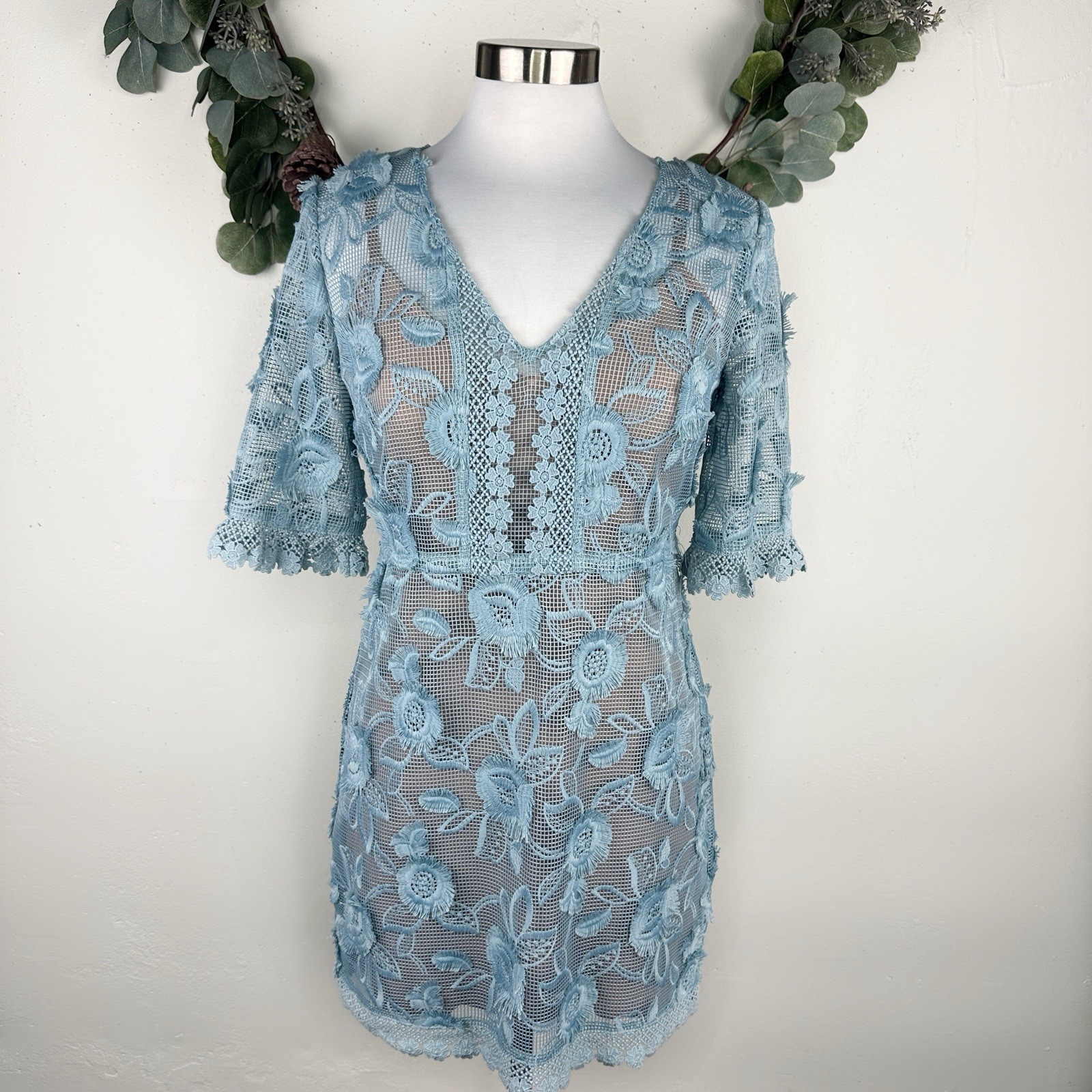 Tracy Reese Anthropologie Dress Size 4 Floral Lace Shift Boho Cottage Muted Blue