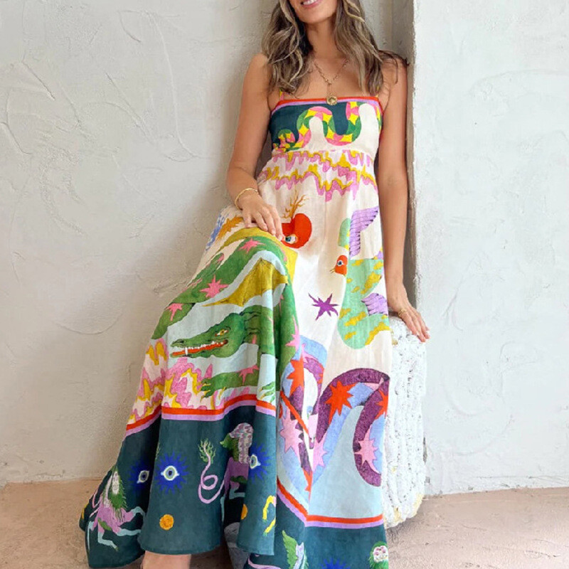 Spring Women’s New Style Elegant High Waist Printed Strap Casual Fashion Dress