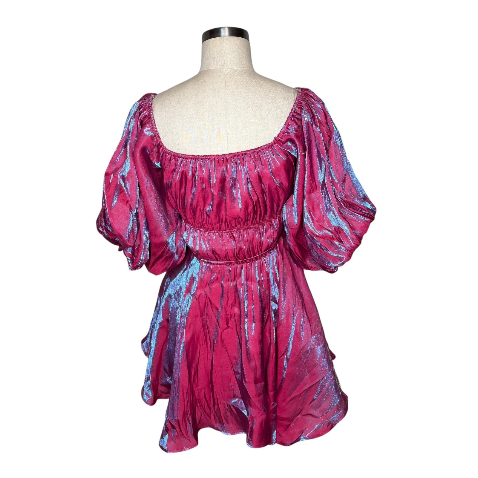ALTAR’D State Amabella Puff Sleeve Iridescent Pink Blue Shimmer Mini Dress Med