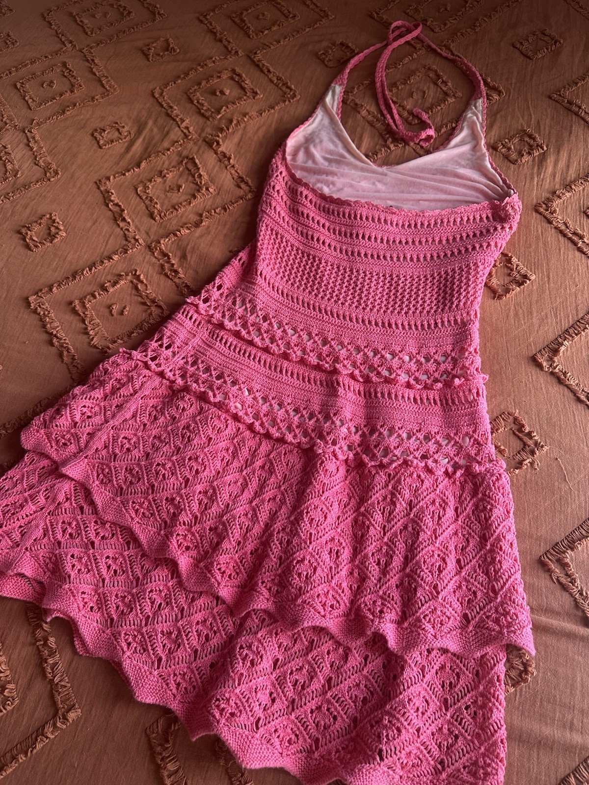 Rare Moda International Size Medium Pink Crochet Tiered Halter Mini Dress