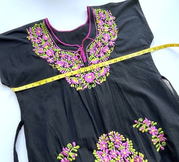 Mexican Embroidered Dress Midi Boho Tunic Short Sleeve ONE SIZE Black