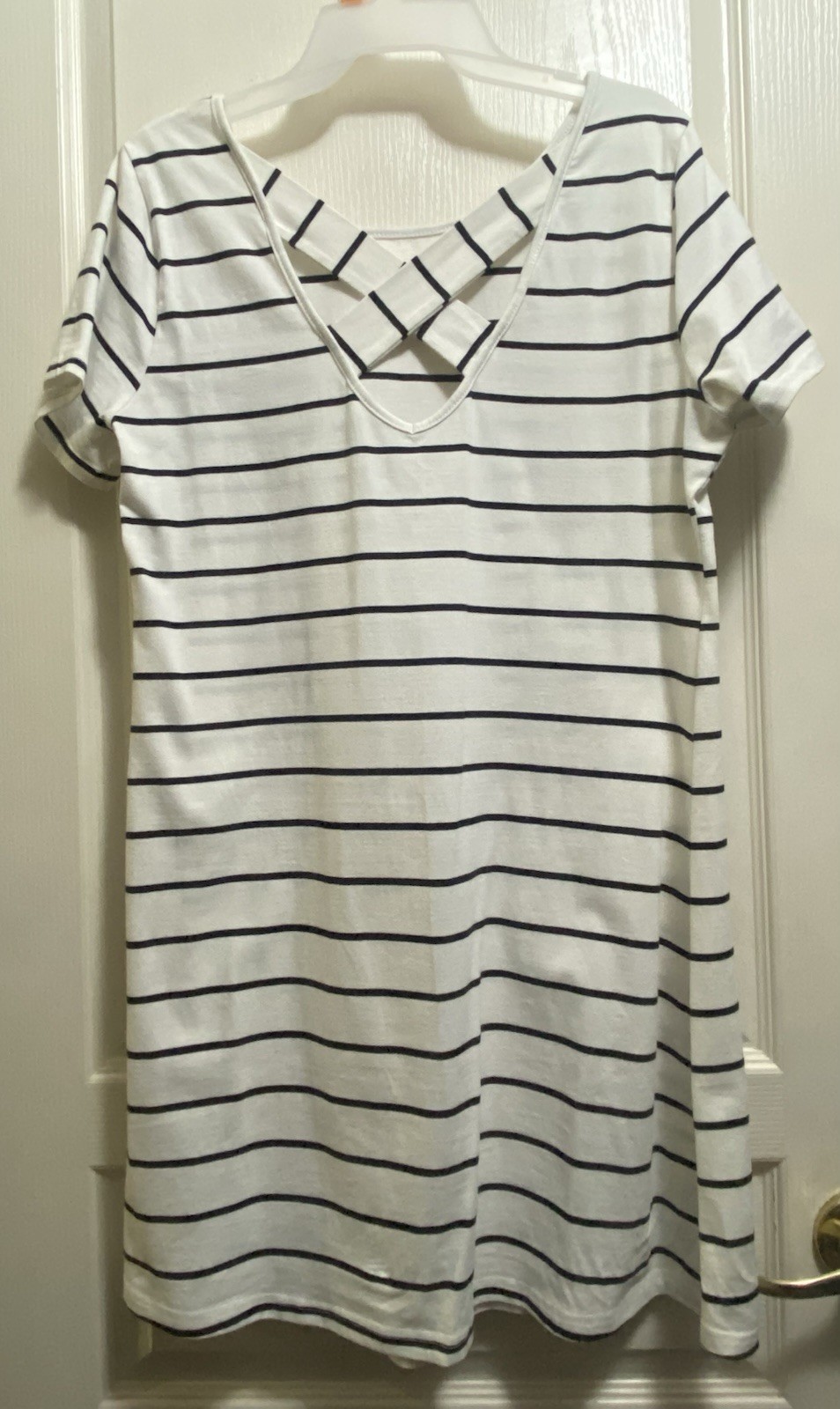 Feager White/Black Striped T-Shirt Short Dress V-Neck Stretch Jersey Womens L