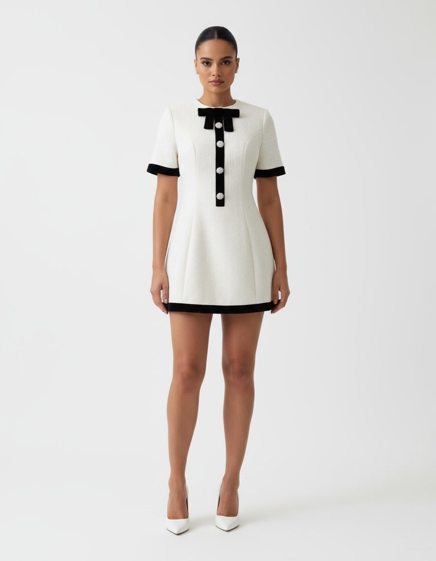 Luxury Designer Paris Style Mini Dress White Black Bow Elegant Parisian Look New