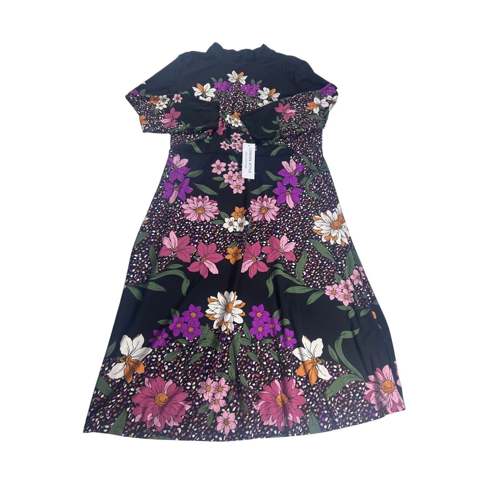 London Style Collection Womens Floral Mock Neck Midi Dress Black Blush Sz 16 NWT