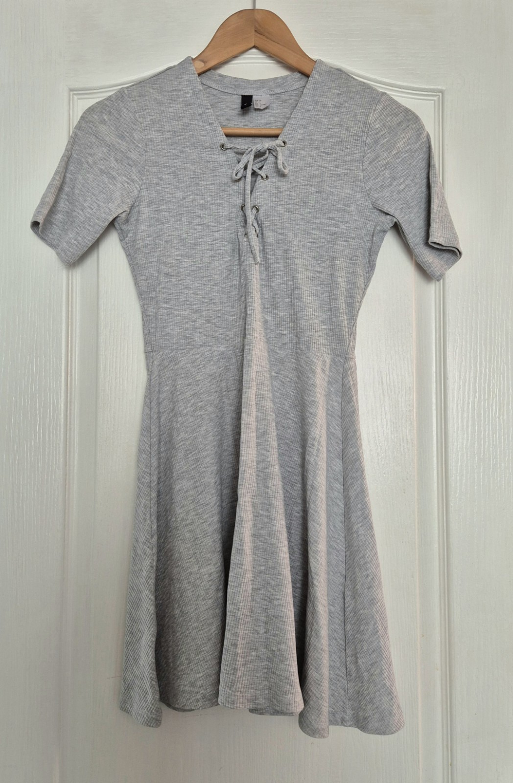 Grey Ribbed Lace-Up Mini Dress – Short Sleeve A-Line Skater Dress