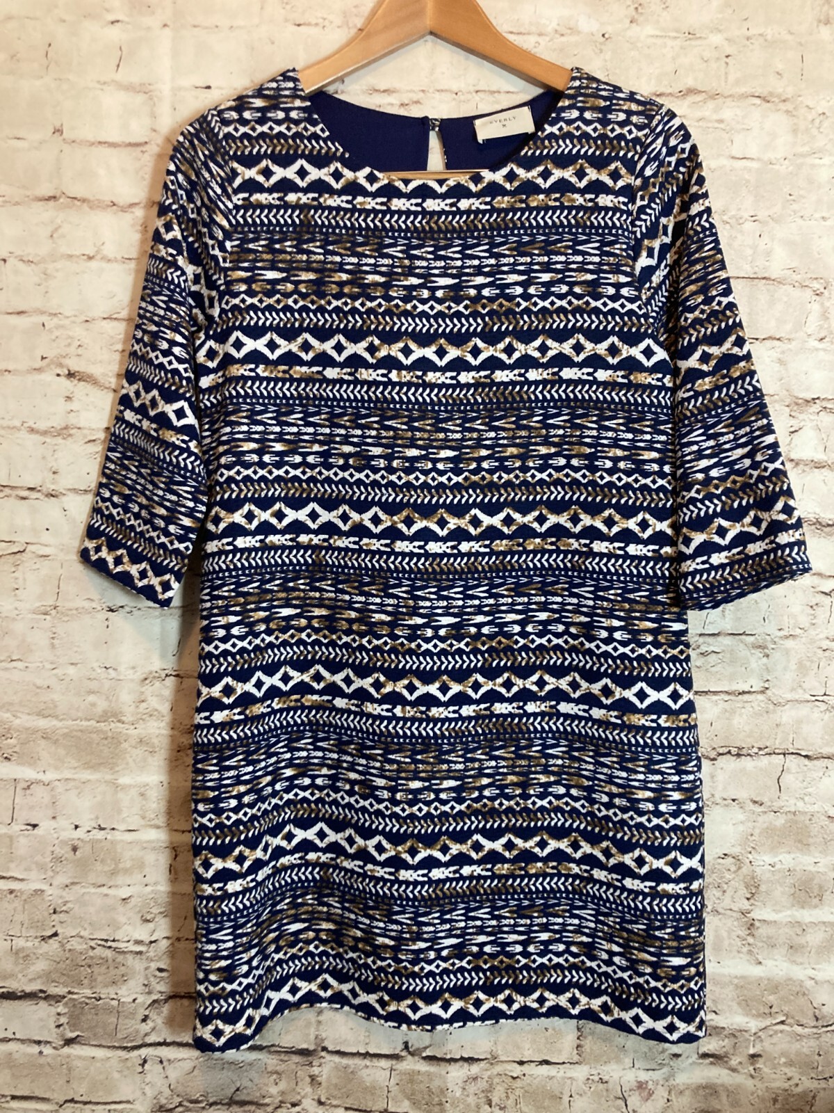 Everly Dress Womens Small Navy Blue Aztec Printed Shift Long Sleeve Career