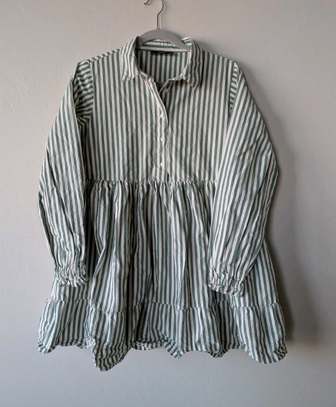ABLE Striped Babydoll Gather Mini Dress Green Cream Balloon Sleeve Size L Cotton
