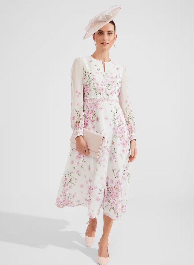 Hobbs Skye Floral Print Pure Silk Midi Dress Ivory Pink Size UK 10 Petite (8-10)