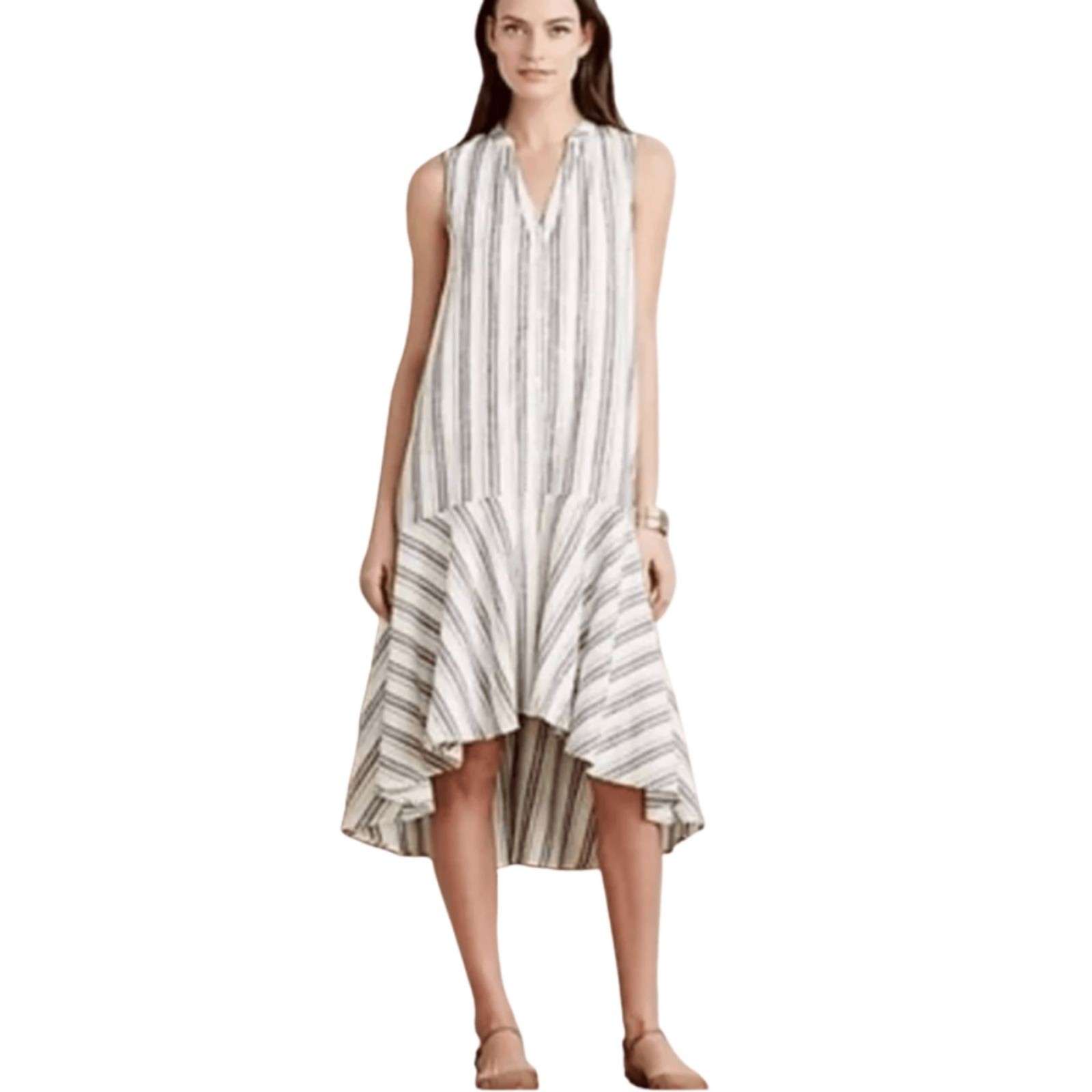 ANTHROPOLOGIE MAEVE Linen Gray Striped Shirt Dress Sleeveless High Low XSmall P