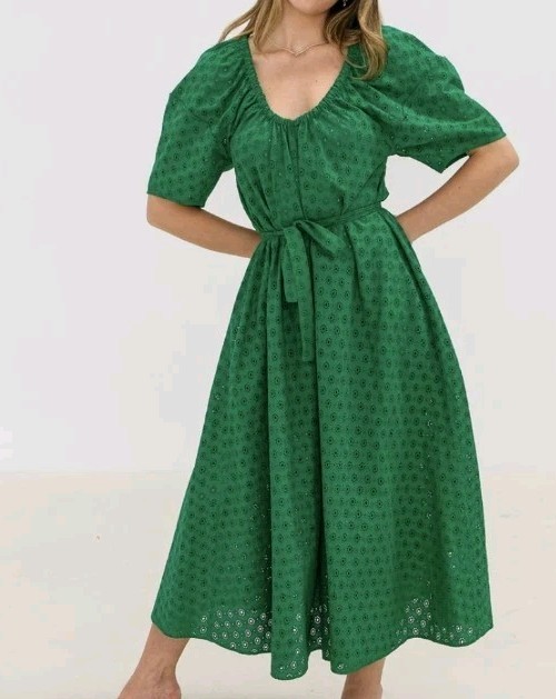 SCANLAN THEODORE Kelly Green Embroidered Eyelet Elasticated Belted Maxi Dress M