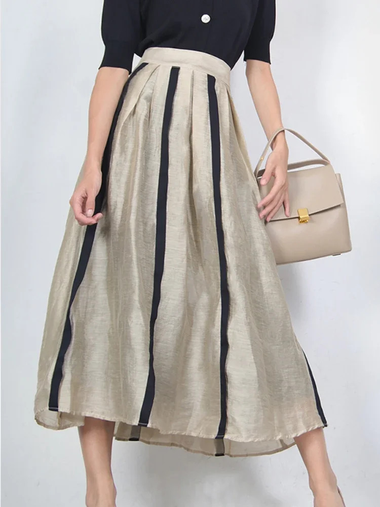 French Style New In Women Skirt Elegant A-LINE Pleated Striped Splicing Hepburn