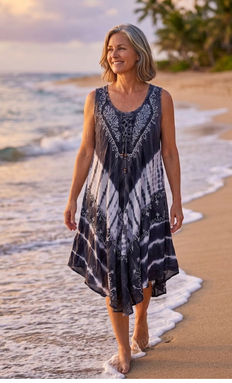 Women’s Tie Dye Boho Black Grey Embroidered Sundress ONE SIZE Casual Beach Dress